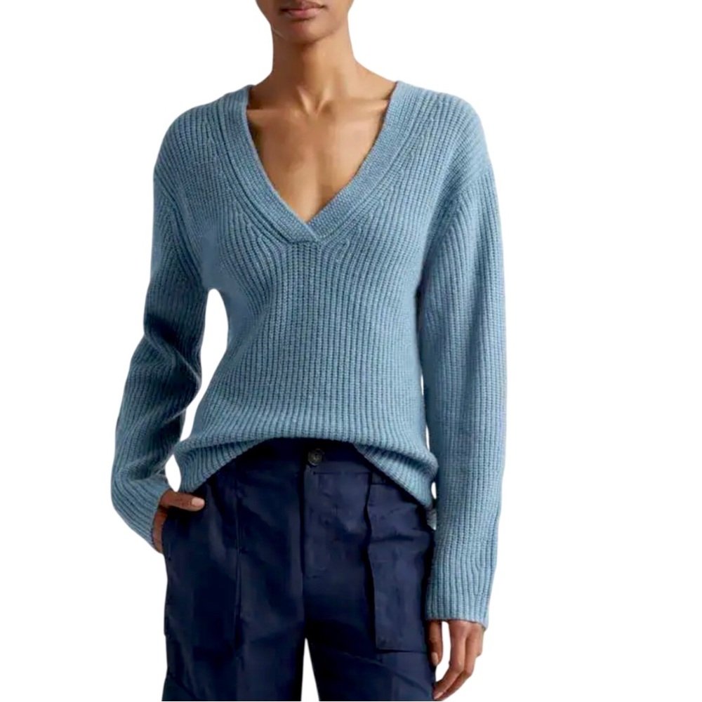 VINCE Shaker Stitch V Neck Wool And Cashmere Blend Sweater Dusty Blue Size Small